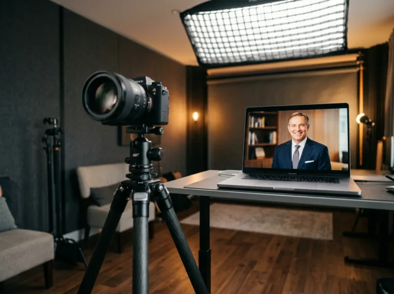 Câmera e estúdio de fotografia exibindo fotos profissionais para o LinkedIn na tela