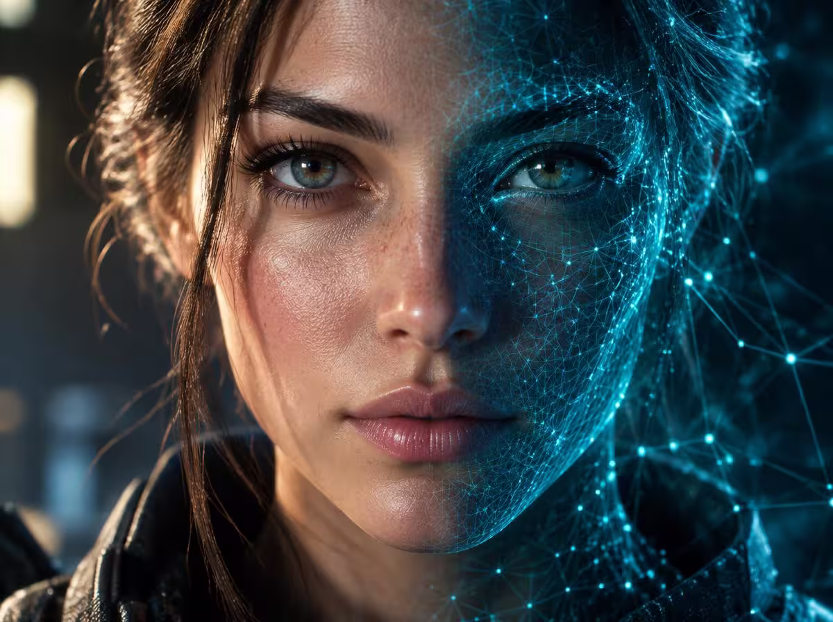 Conceito de renderização neural de personagem com malha poligonal e fotorrealismo do DLSS 5 da NVIDIA