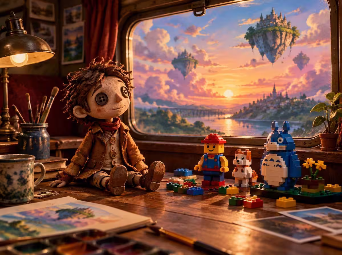 Mesa de trabalho artística com boneco de stop-motion e blocos de montar diante de janela no estilo Studio Ghibli
