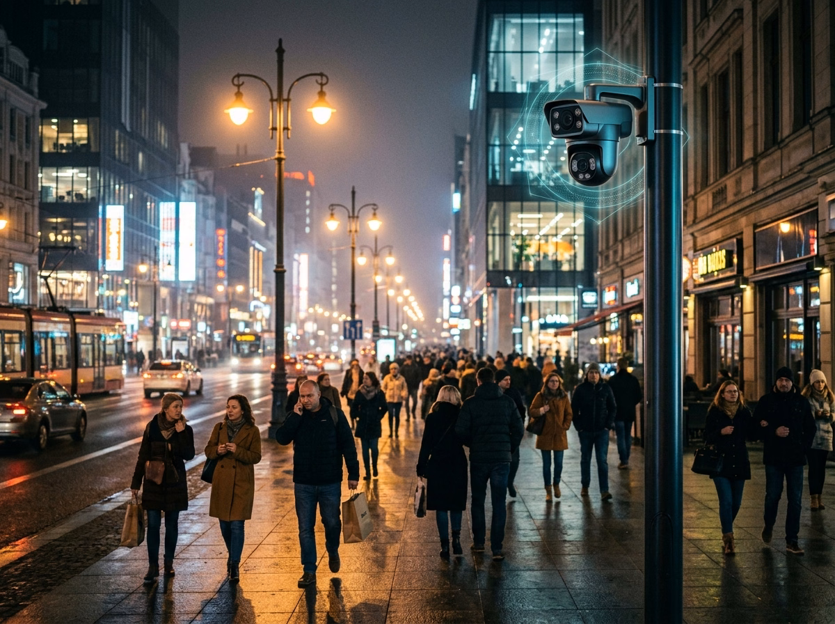 Câmera de vigilância moderna com reconhecimento facial e privacidade monitorando pedestres em avenida urbana à noite