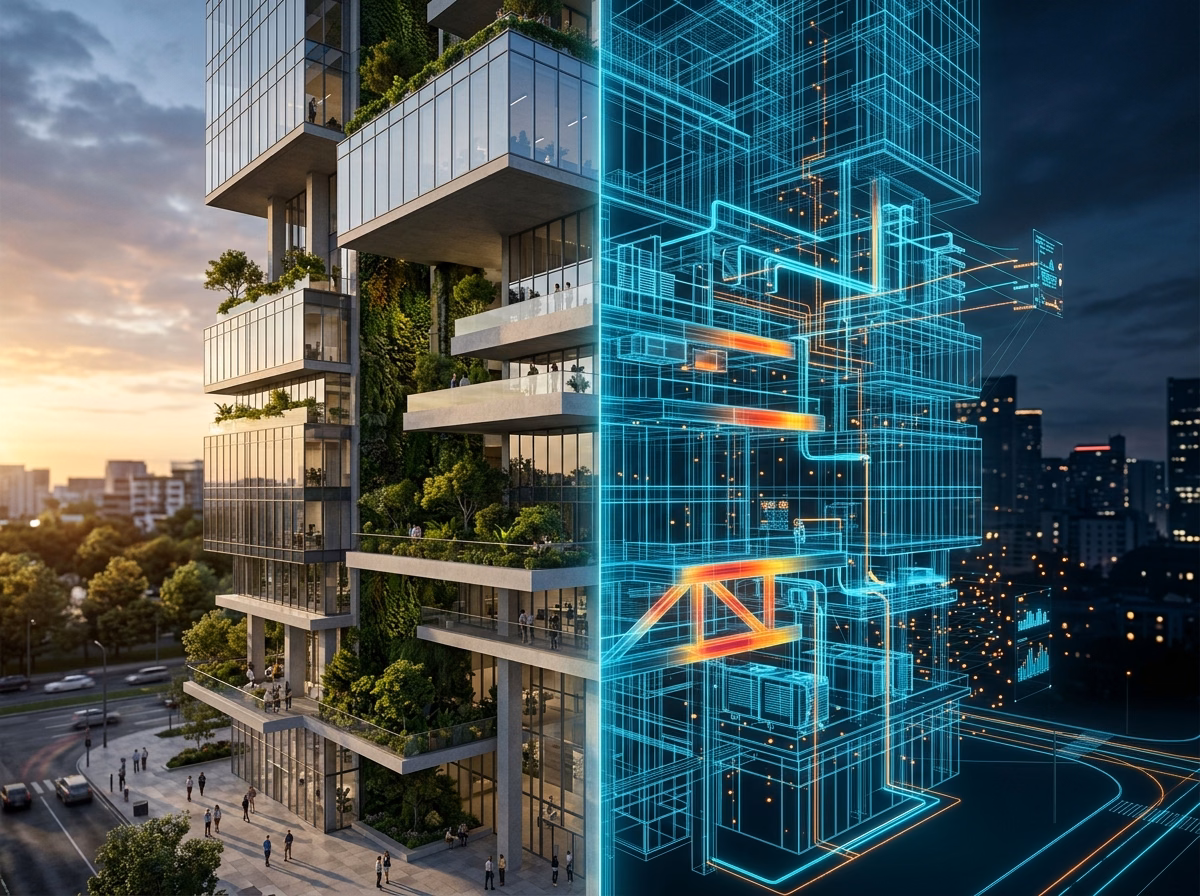 Edifício moderno com divisão conceitual mostrando a estrutura física e sua réplica holográfica de gêmeo digital com sensores