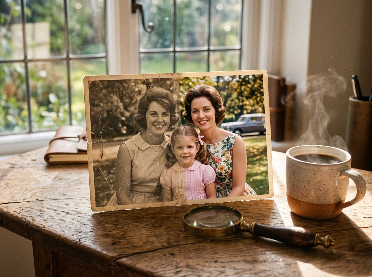 Comparison guide on how to restore old photos with AI showing damaged vintage picture alongside enhanced high definition version