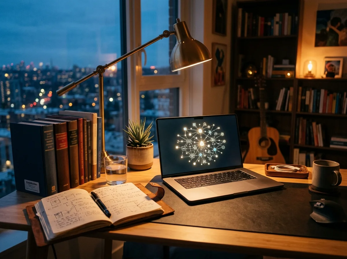 Mesa de estudos aconchegante com laptop exibindo rede de conexões do segundo cérebro com IA