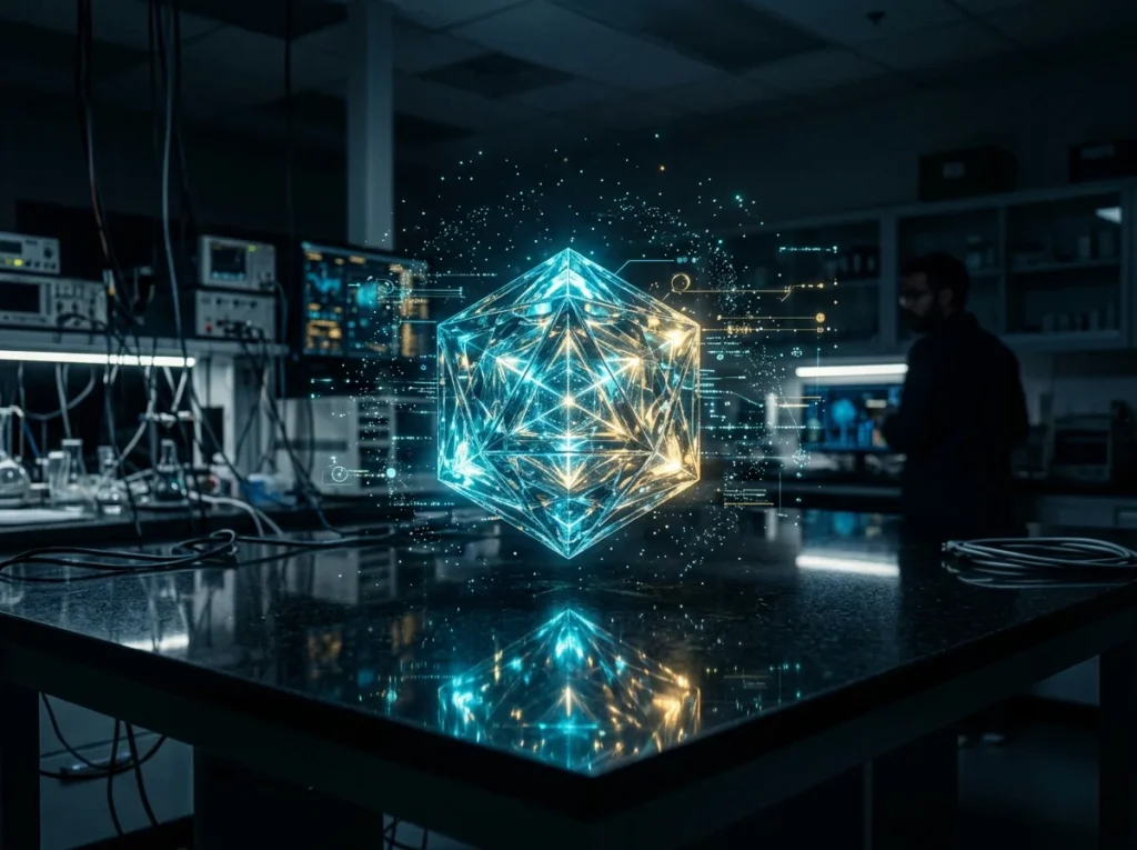 O Que a IA Descobriu Sozinha: 5 Casos Bizarros Que Chocaram a Ciência 4 Estrutura cristalina geométrica luminosa flutuando em laboratório representando o que a IA descobriu sozinha
