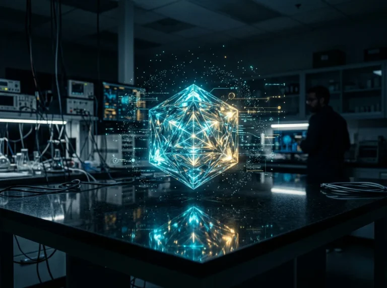 Estrutura cristalina geométrica luminosa flutuando em laboratório representando o que a IA descobriu sozinha