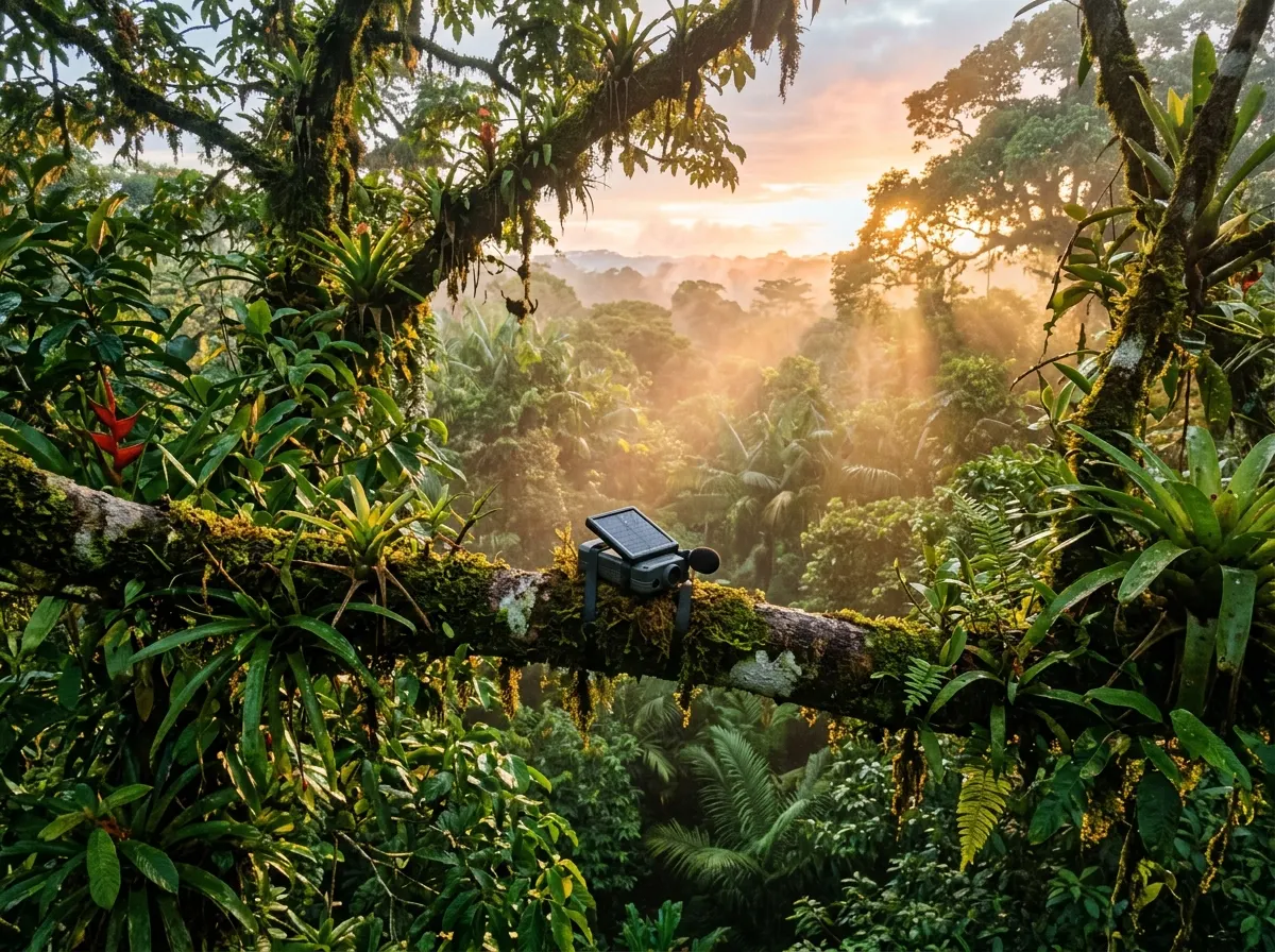 Sensor bioacústico solar camuflado na copa das árvores da floresta amazônica usando IA para proteger a Amazônia