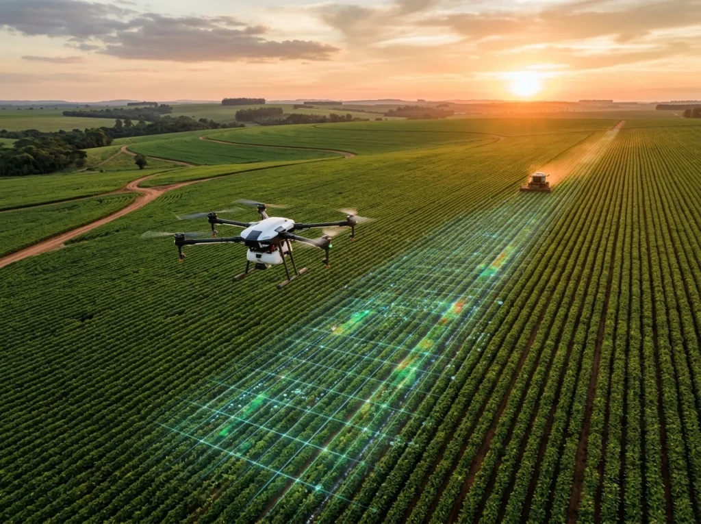 IA no Agronegócio Brasileiro: Como Drones e Satélites Revolucionam a Lavoura 1 Drone agrícola inteligente sobrevoando plantação brasileira ao entardecer com IA no agronegócio brasileiro