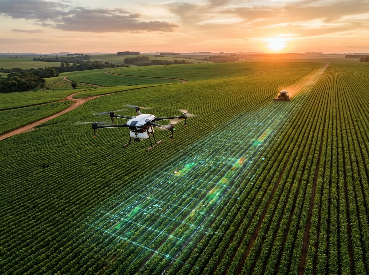 Drone agrícola inteligente sobrevoando plantação brasileira ao entardecer com IA no agronegócio brasileiro