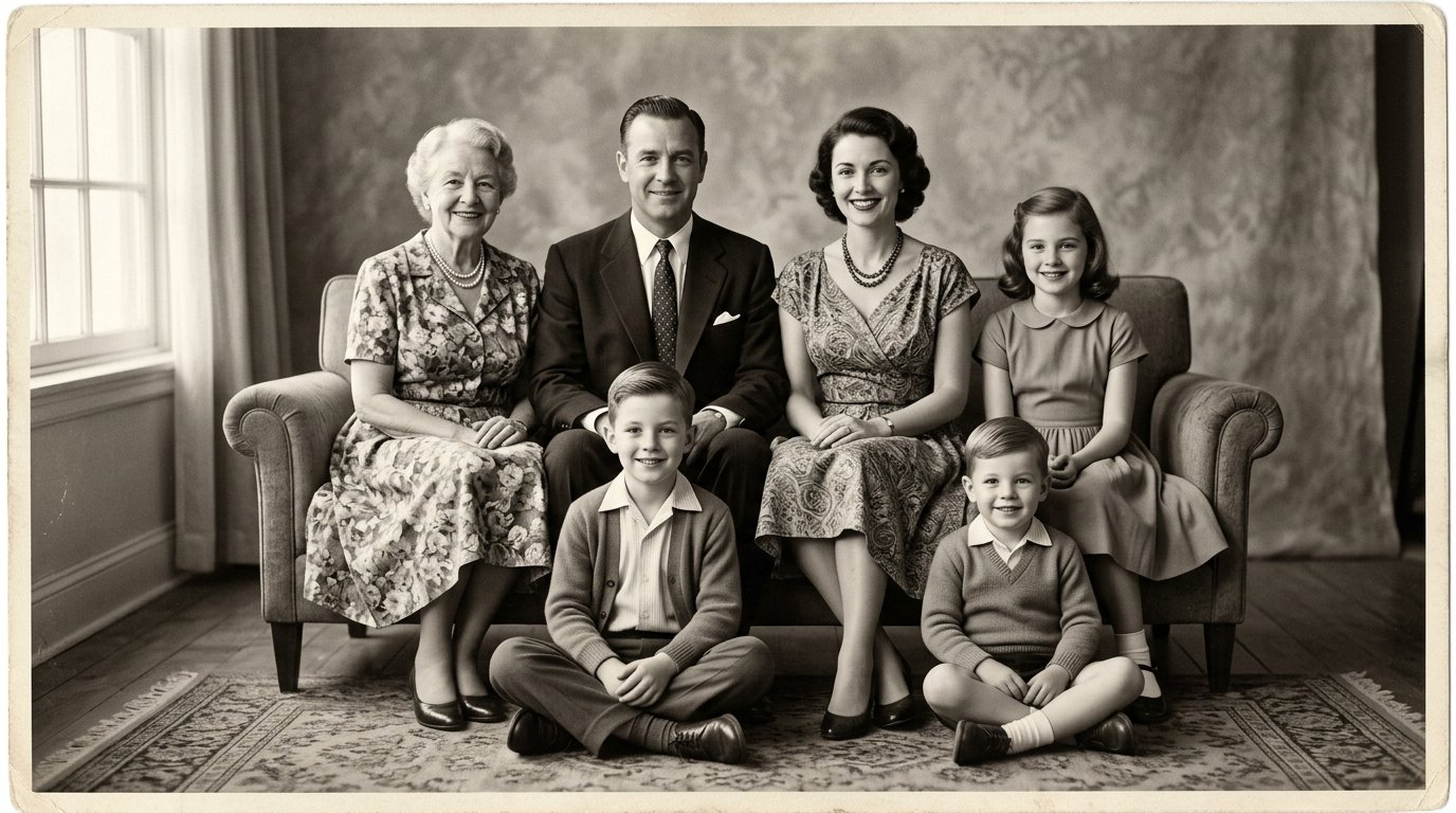 Restauração de Fotos Antigas com IA: Como Recuperar Lembranças de Família em Alta Definição 1 Retrato de família antigo em preto e branco restaurado com inteligência artificial preservando detalhes históricos