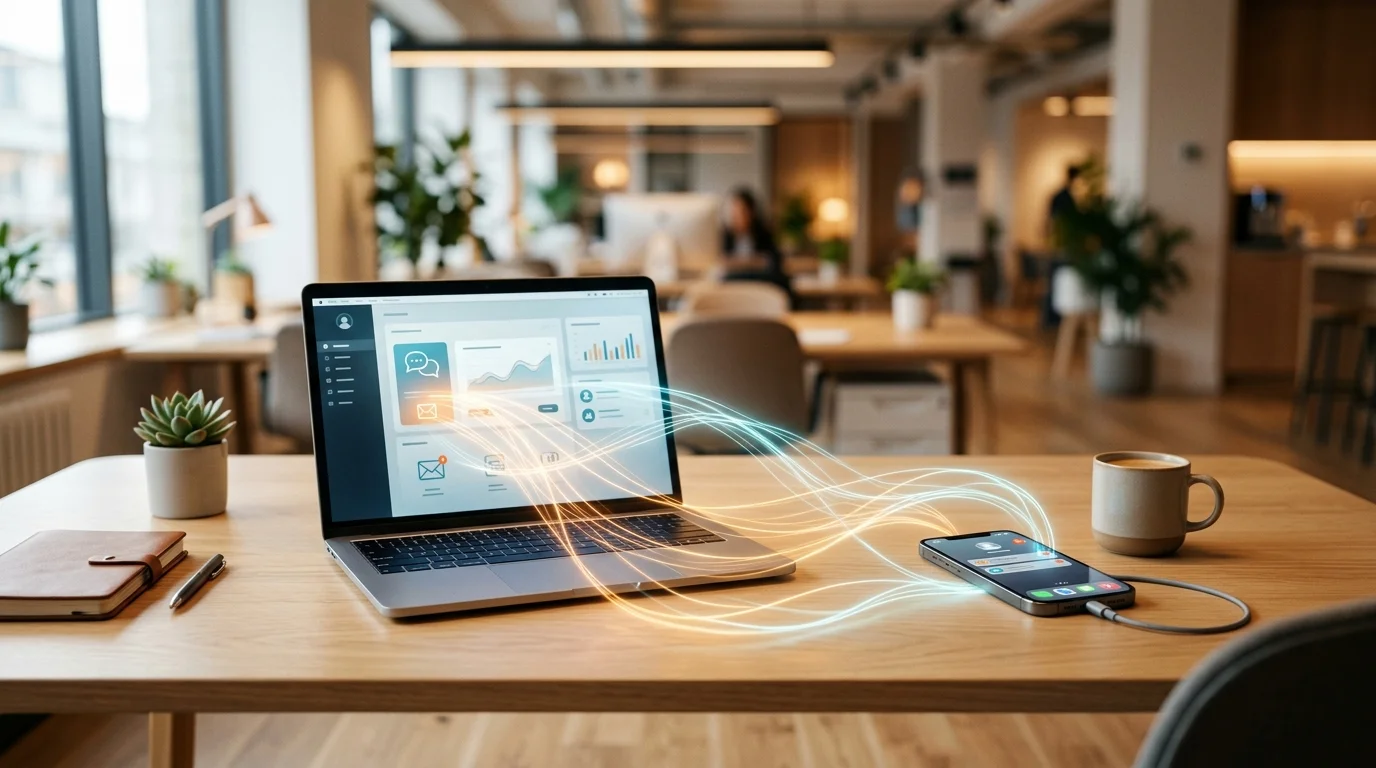 Como Automatizar o Atendimento do Seu Negócio com IA Sem Soar Falso ou Irritante 1 Fluxo inteligente de suporte ao cliente com integração entre celular e computador para atendimento com inteligência artificial