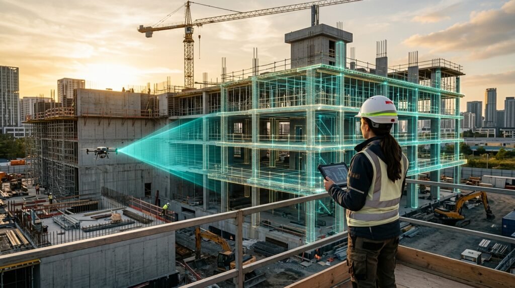 IA na Construção Civil: Como Prever Prazos Reais e Evitar Estouro de Custos 2 Canteiro de obras conectado com BIM 5D e visão computacional na IA na construção civil - ai in construction