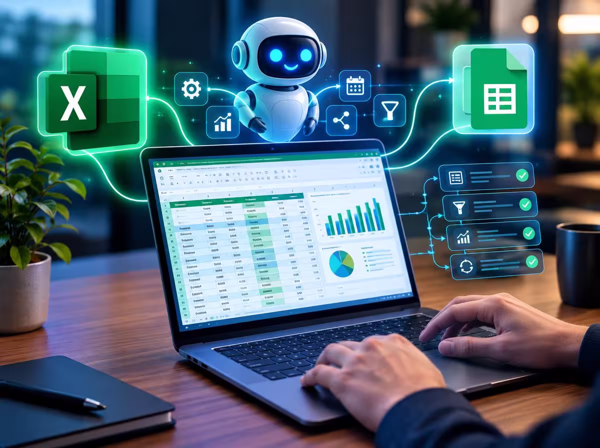 Mesa de trabalho elegante com notebook exibindo interface holográfica de dados e planilhas inteligentes com IA