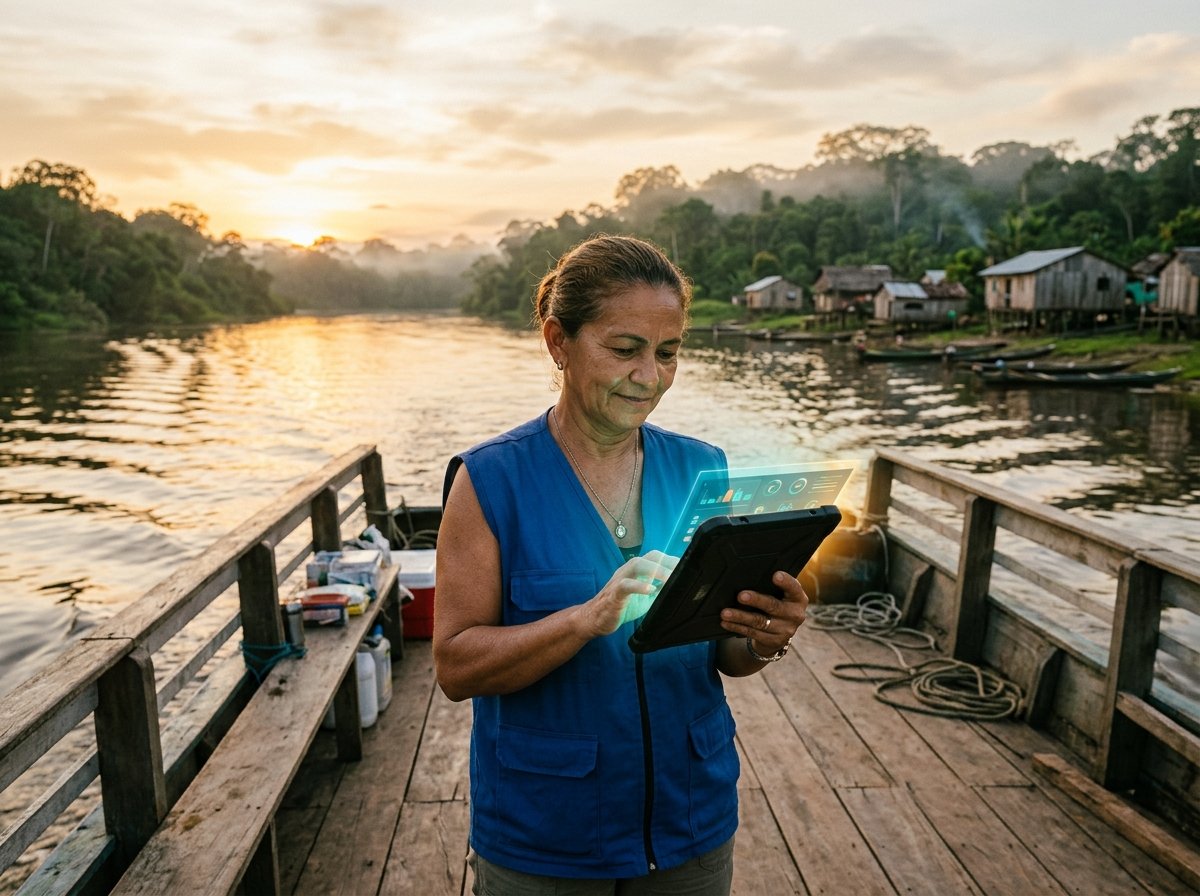 Profissional de saude utilizando IA no SUS em barco ribeirinho na Amazonia
