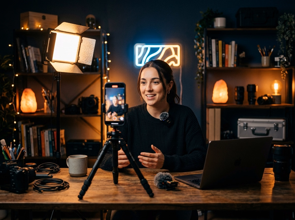 Criadora de conteúdo gravando vídeos curtos com IA usando smartphone em tripé e iluminação suave de estúdio com microfone de lapela