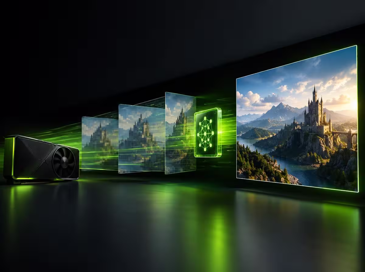 Macro cinematográfico de die de silício de placa de vídeo com circuitos brilhando em verde esmeralda e ciano