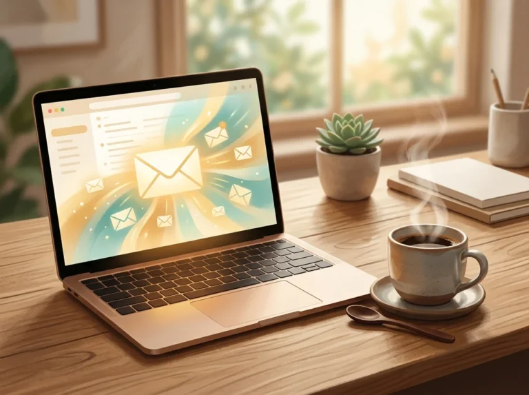 Ilustração editorial de mesa de trabalho aconchegante com laptop exibindo cartas de e-mail iluminadas e xícara de café