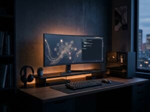 Bancada moderna de tecnologia com monitor exibindo modelos de IA locais no LM Studio e Ollama