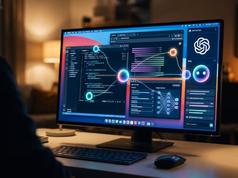 Workspace tecnológico e futurista à meia-luz com nós de dados luminosos representando o assistente OpenAI Dots e o modelo GPT-6.1