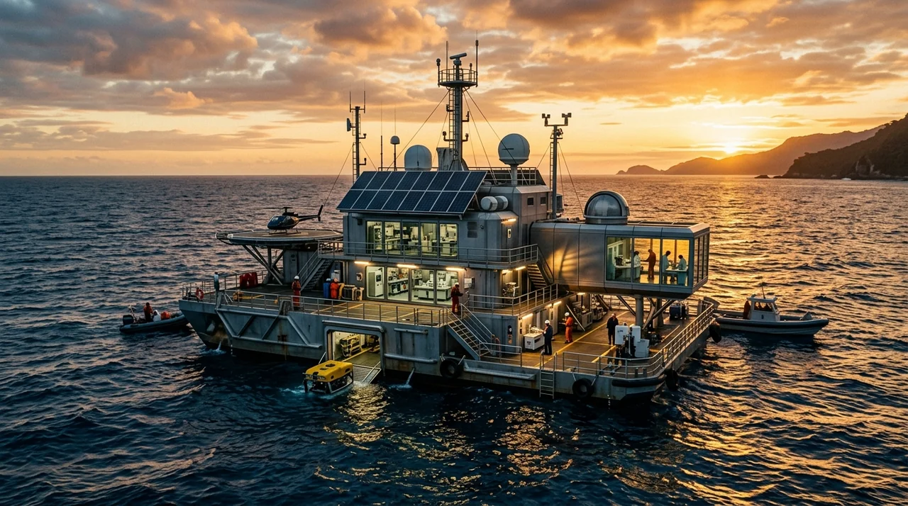 Colonialismo Digital e Soberania Nacional: O Que a IA Realmente Significa Para o Brasil 1 Estação de pesquisa científica marítima avançada flutuando no oceano Atlântico Sul sob o pôr do sol brasileiro - colonialismo digital e soberania