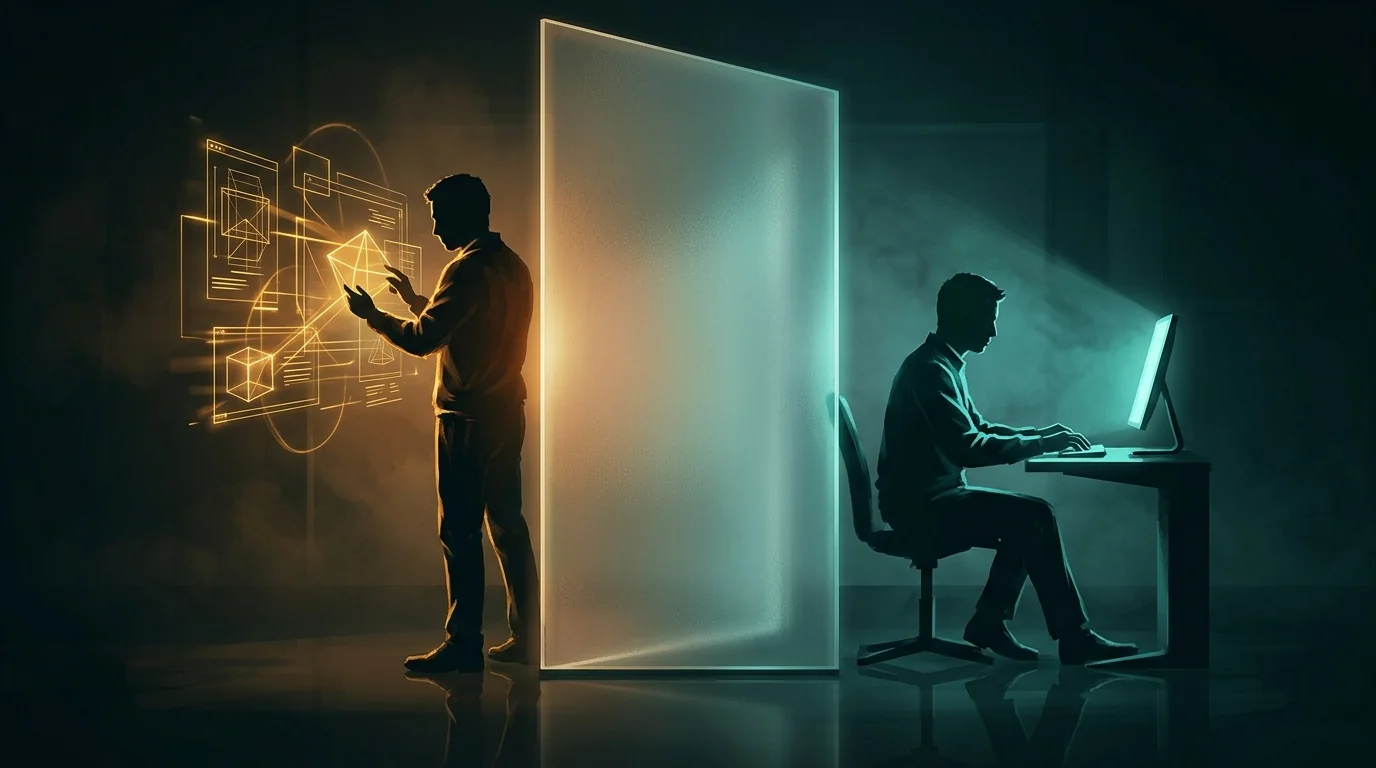 Engenharia Reversa com IA: Como a Inteligência Artificial Está Mudando o Mercado de Software 2 Ilustração conceitual de dois programadores separados por uma parede translúcida representando a estratégia de clean room design com IA