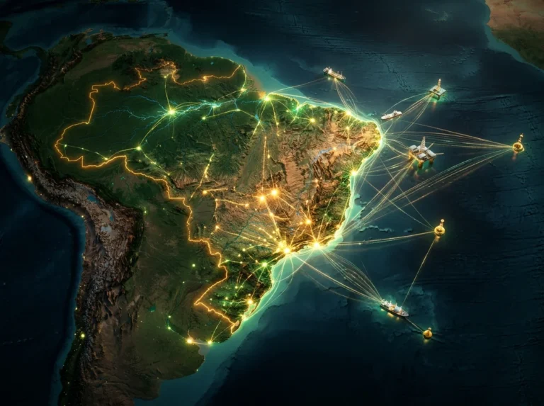 Mapa conceitual do Brasil e costa do Atlântico Sul iluminado com redes de inovação soberana e dados científicos