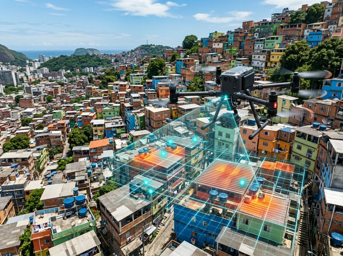 Drone de vigilância sanitária com inteligência artificial sobrevoando bairro urbano no Brasil identificando focos de dengue