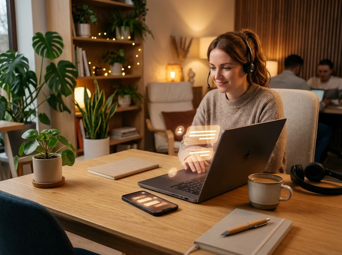 Profissional de atendimento ao cliente em escritório acolhedor com interface inteligente de mensagens e inteligência artificial