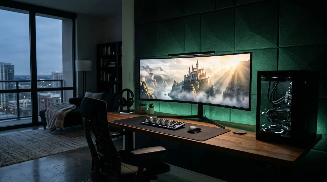 High-end curved ultrawide gaming battlestation displaying atmospheric fantasy RPG with ray tracing and ambient emerald glow