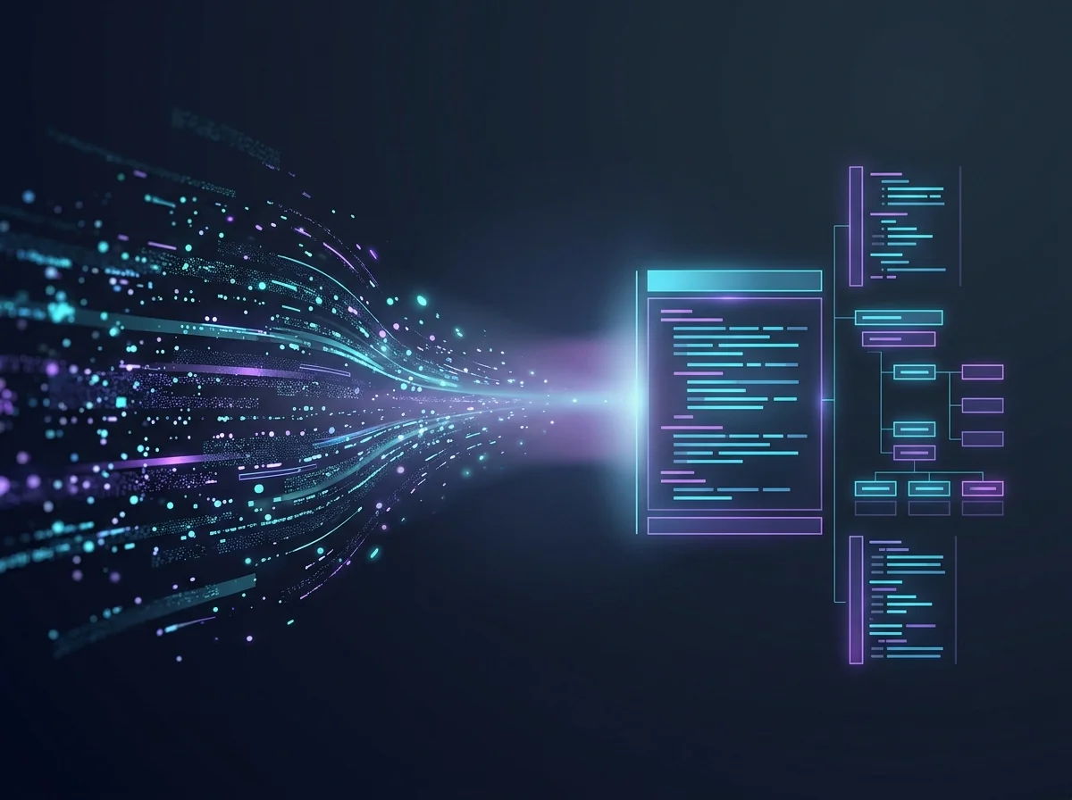 Ilustração conceitual de engenharia reversa com IA transformando código fechado em software aberto