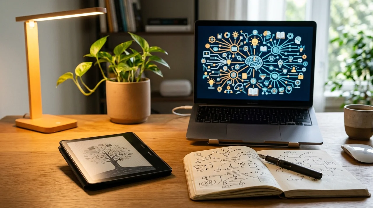 Leitura com IA: Como Absorver Livros e Artigos em Minutos Sem Fadiga Visual 2 Mesa de estudos moderna combinando leitura profunda com e-reader e mapa mental de conexões de conhecimento com IA