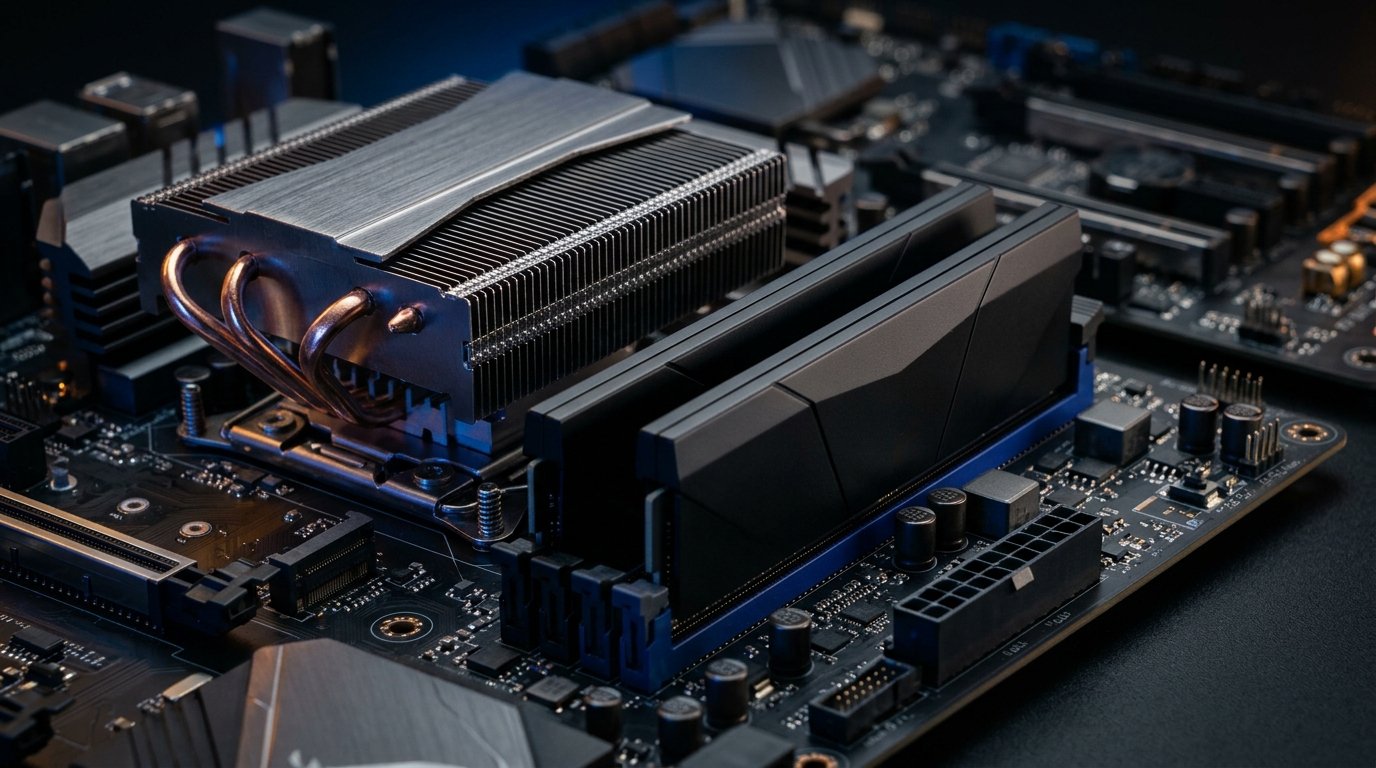 Componentes de hardware modernos com dissipador de calor e memoria RAM para aceleracao de IA