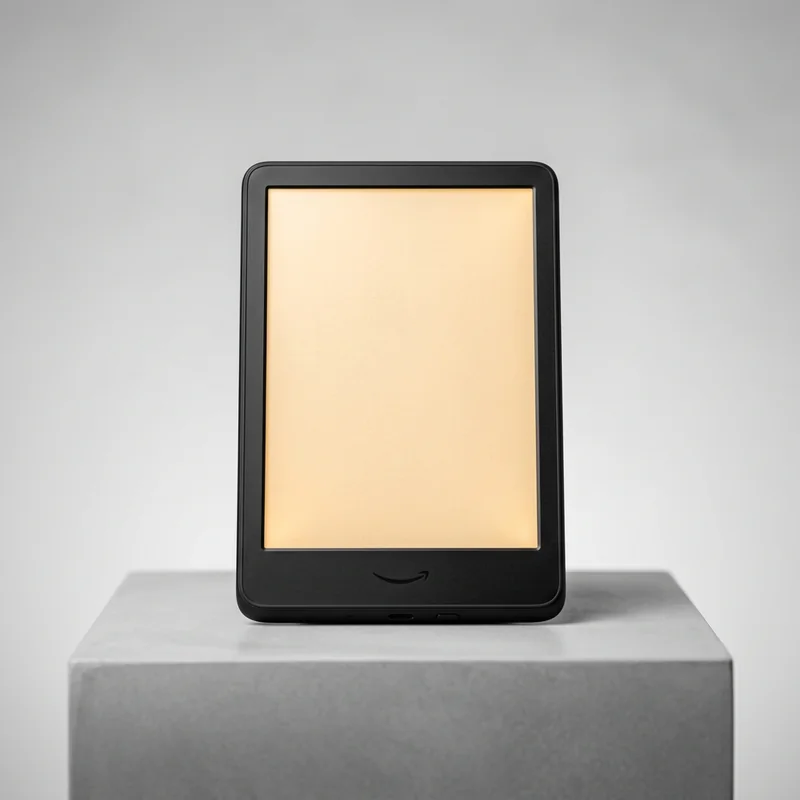 Leitura com IA: Como Absorver Livros e Artigos em Minutos Sem Fadiga Visual 1 Leitor digital Kindle Paperwhite 16GB com tela antirreflexo e iluminação em tom quente âmbar em fundo de estúdio