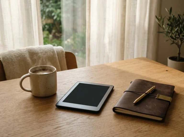 Cena de leitura aconchegante com leitor de livros digitais Kindle café e caderno de anotações sobre mesa de madeira