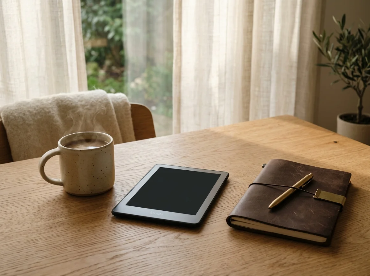 Cena de leitura aconchegante com leitor de livros digitais Kindle café e caderno de anotações sobre mesa de madeira
