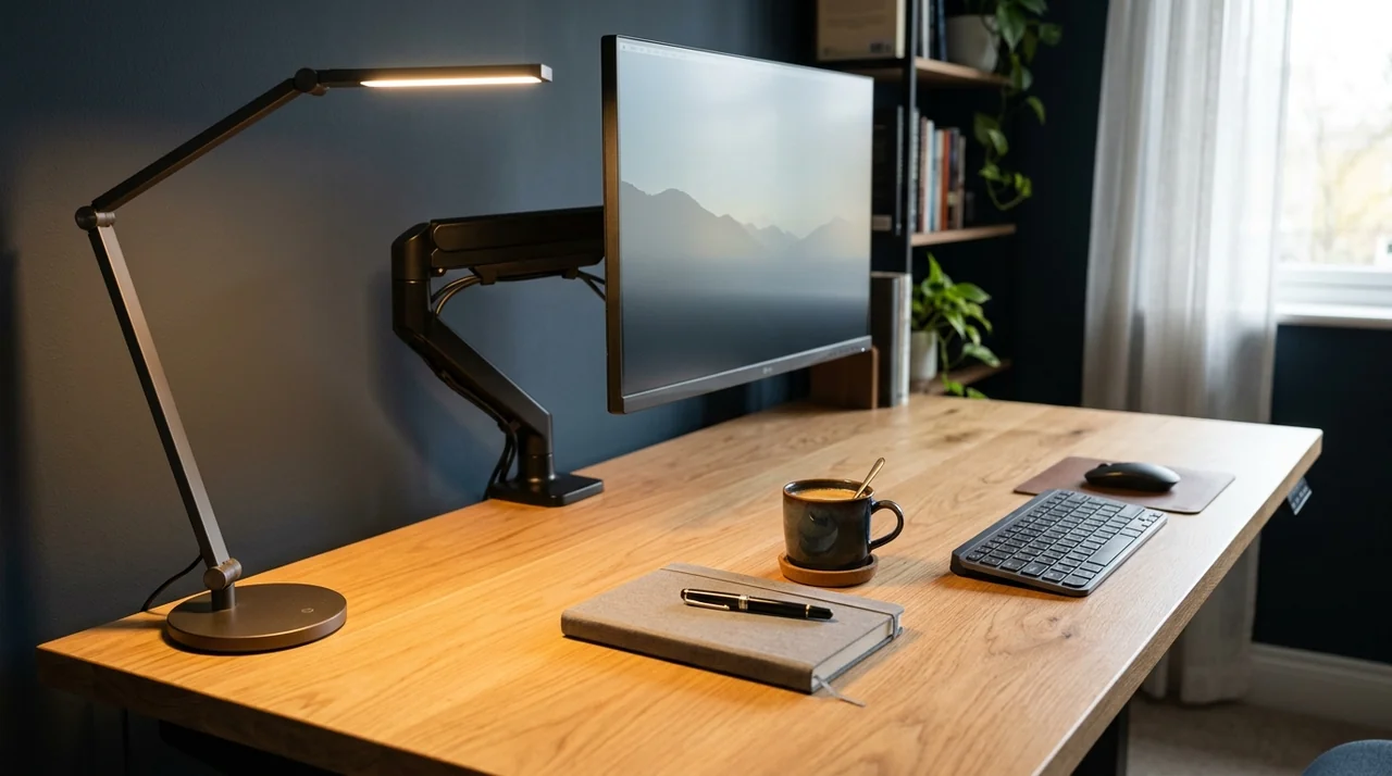 Clean ergonomic modern desk setup with floating monitor arm and reclaimed workspace - AI workspace setup
