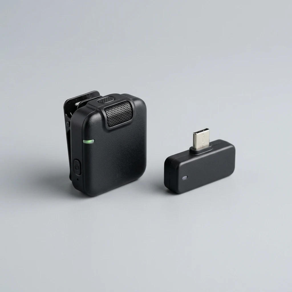 Microfone de lapela sem fio compacto com receptor USB-C para gravação de vídeos curtos com IA