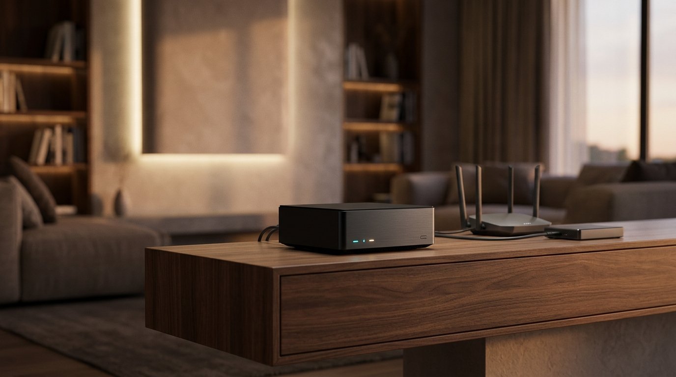Mini PC com IA: Como Montar um Servidor Doméstico Silencioso (2026) 1 Mini PC compacto funcionando como servidor doméstico inteligente e silencioso sobre mesa de madeira