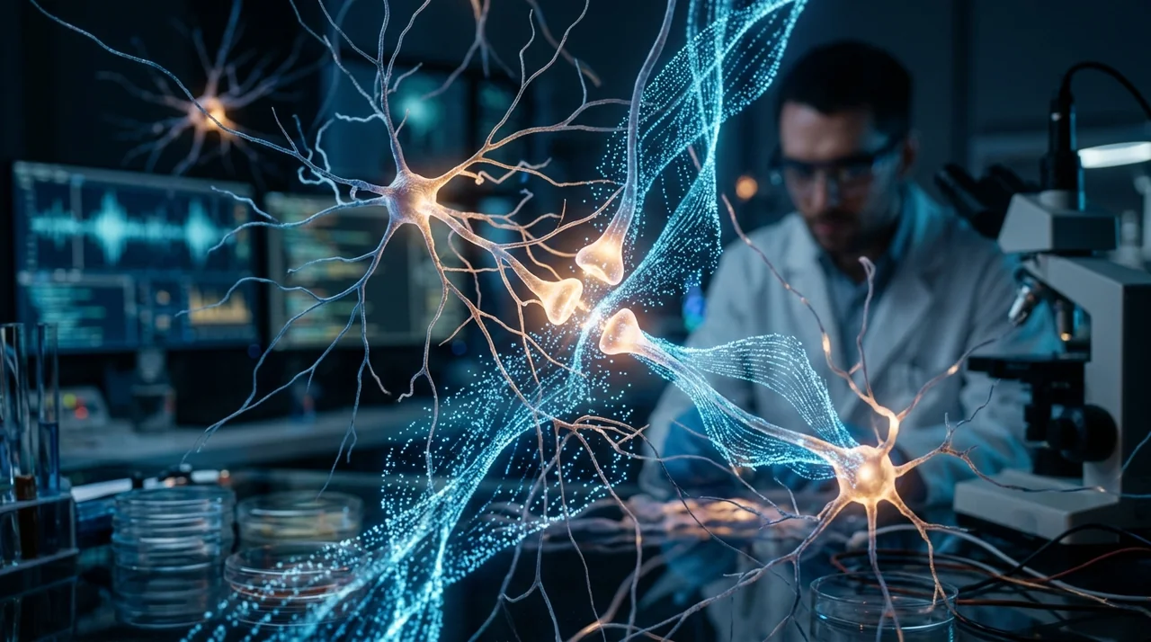 Sinapses neurais biológicas brilhando em laboratório de neurociência em contraste com o fluxo de dados e algoritmos - neurociência e IA
