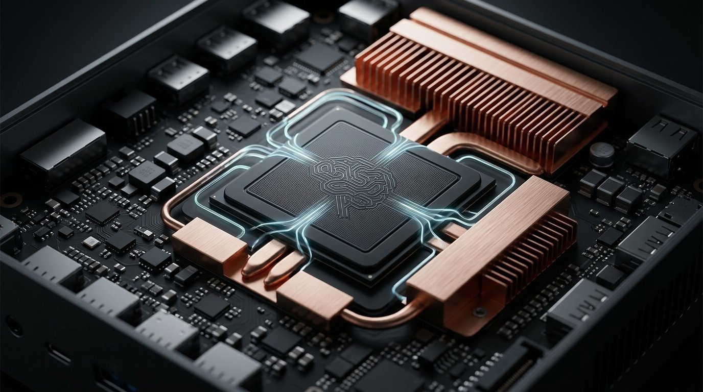 Mini PC com IA: Como Montar um Servidor Doméstico Silencioso (2026) 2 Diagrama conceitual do chip de silício com blocos de NPU e circuito integrado de baixo consumo elétrico