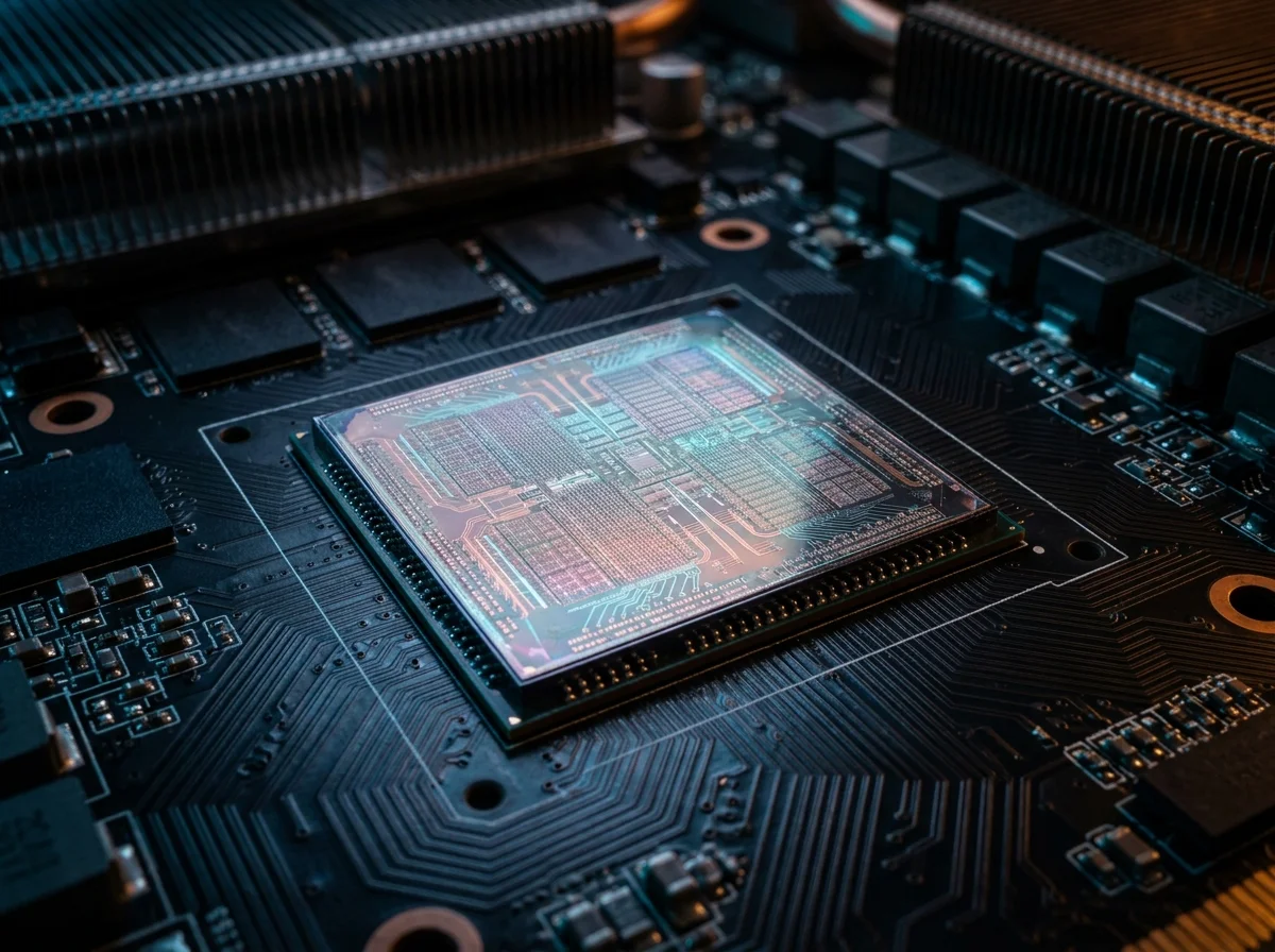 Núcleo de silício de uma placa de vídeo de alta performance brilhando com circuitos microscópicos em bancada escura