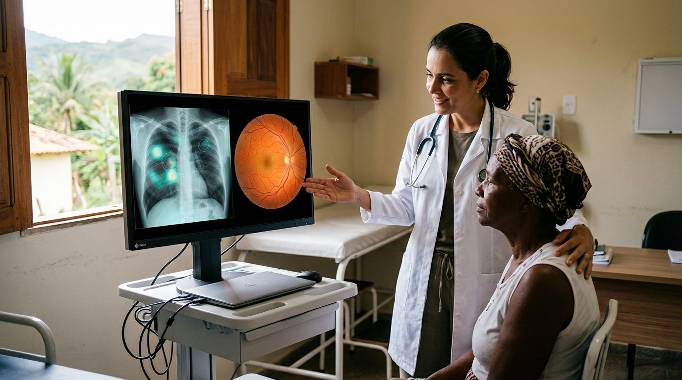 IA no SUS: Como Algoritmos Estão Ajudando a Salvar Vidas em Cidades Remotas 2 Médico avaliando radiografia de tórax com suporte de IA no SUS em posto de saúde