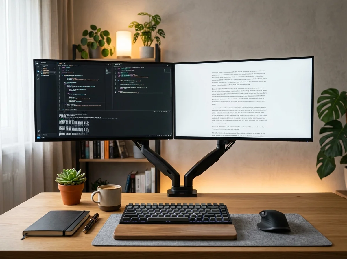 Setup focado com IA e espaço ergonômico moderno com monitores articulados e iluminação indireta