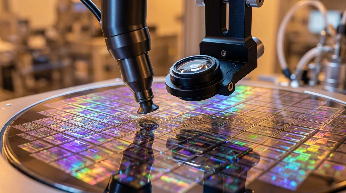 Why Expensive Graphics Cards Are the New Normal in the AI Era 2 Circular silicon wafer displaying hundreds of iridescent microchip dies under amber cleanroom lighting in advanced semiconductor foundry